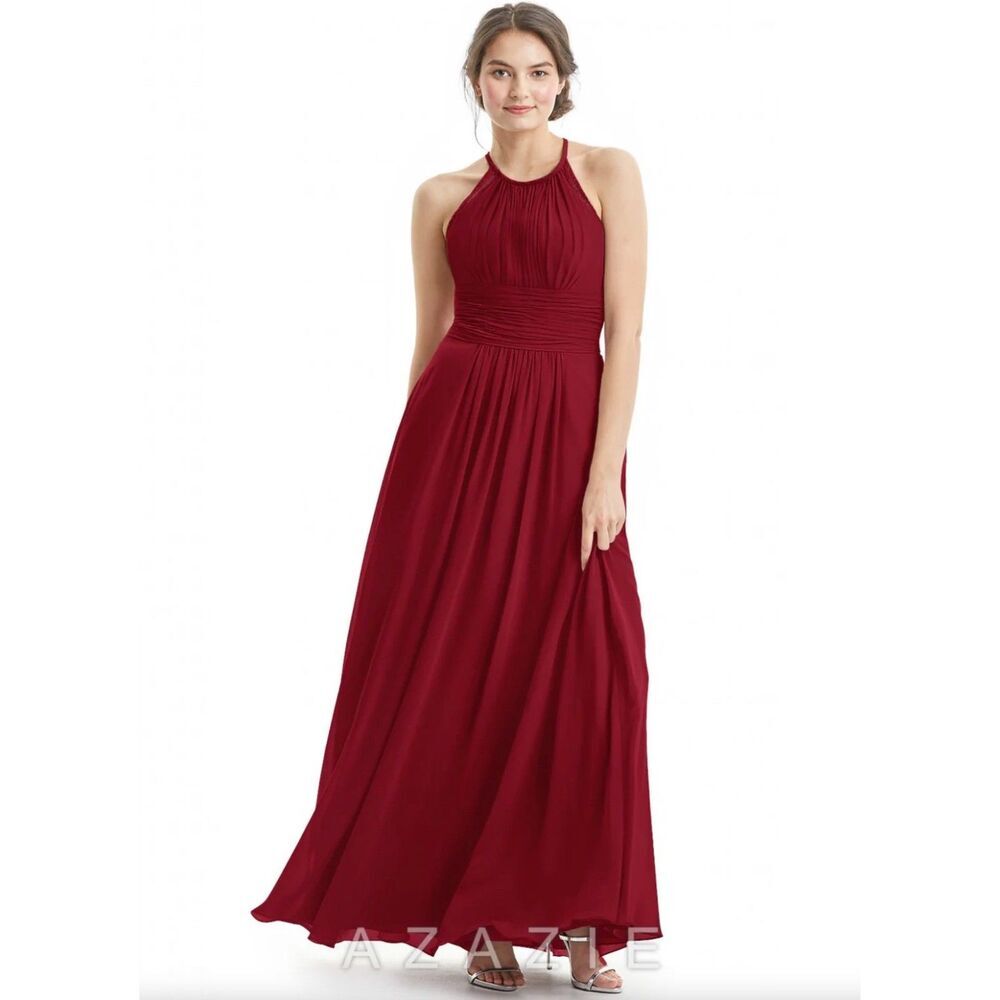 Azazie Women's Burgundy Halter Chiffon Maxi Dress